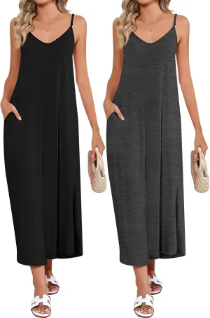 Huukeay 2 Pcs Women Casual Maxi Dresses V Neck Loose Slit Long Cami Dresses Summer Beach Cover Ups Sundress with Pockets