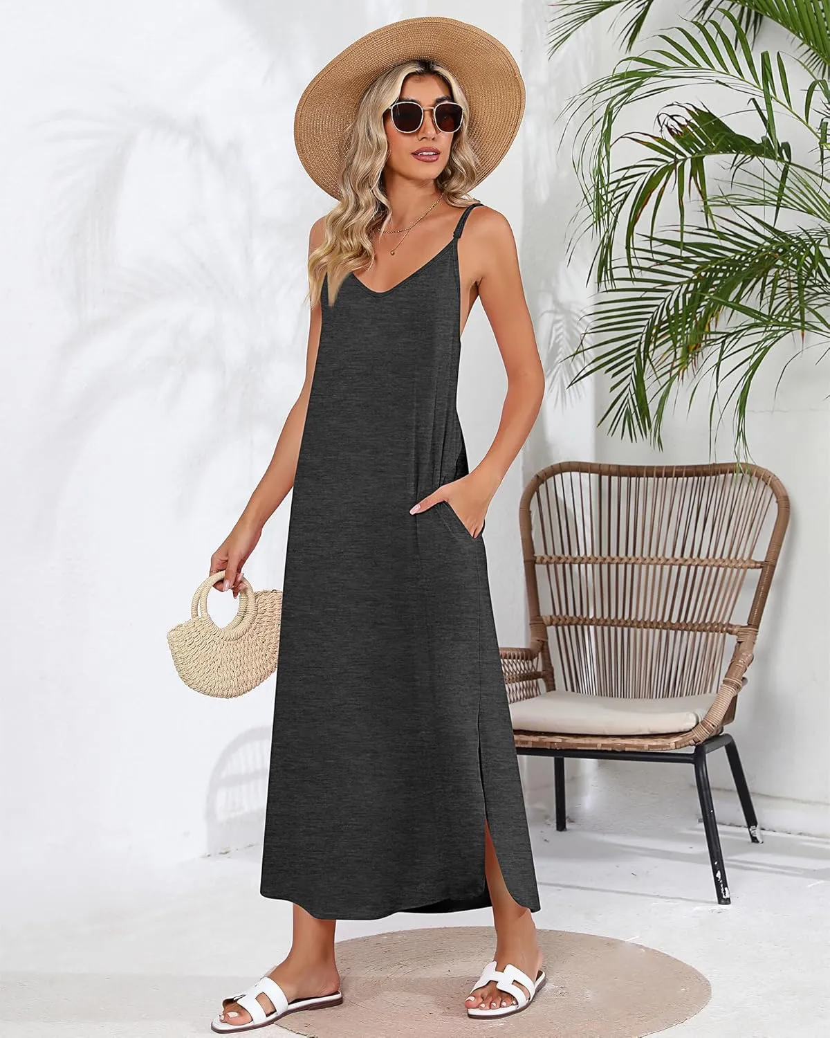 Huukeay 2 Pcs Women Casual Maxi Dresses V Neck Loose Slit Long Cami Dresses Summer Beach Cover Ups Sundress with Pockets