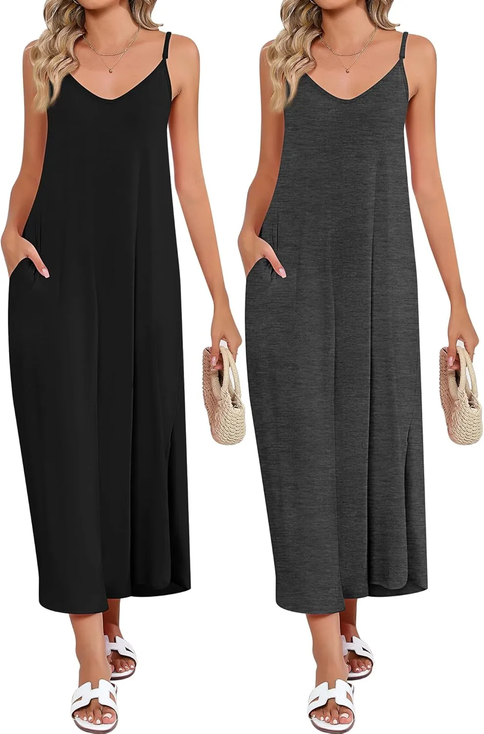 Huukeay 2 Pcs Women Casual Maxi Dresses V Neck Loose Slit Long Cami Dresses Summer Beach Cover Ups Sundress with Pockets