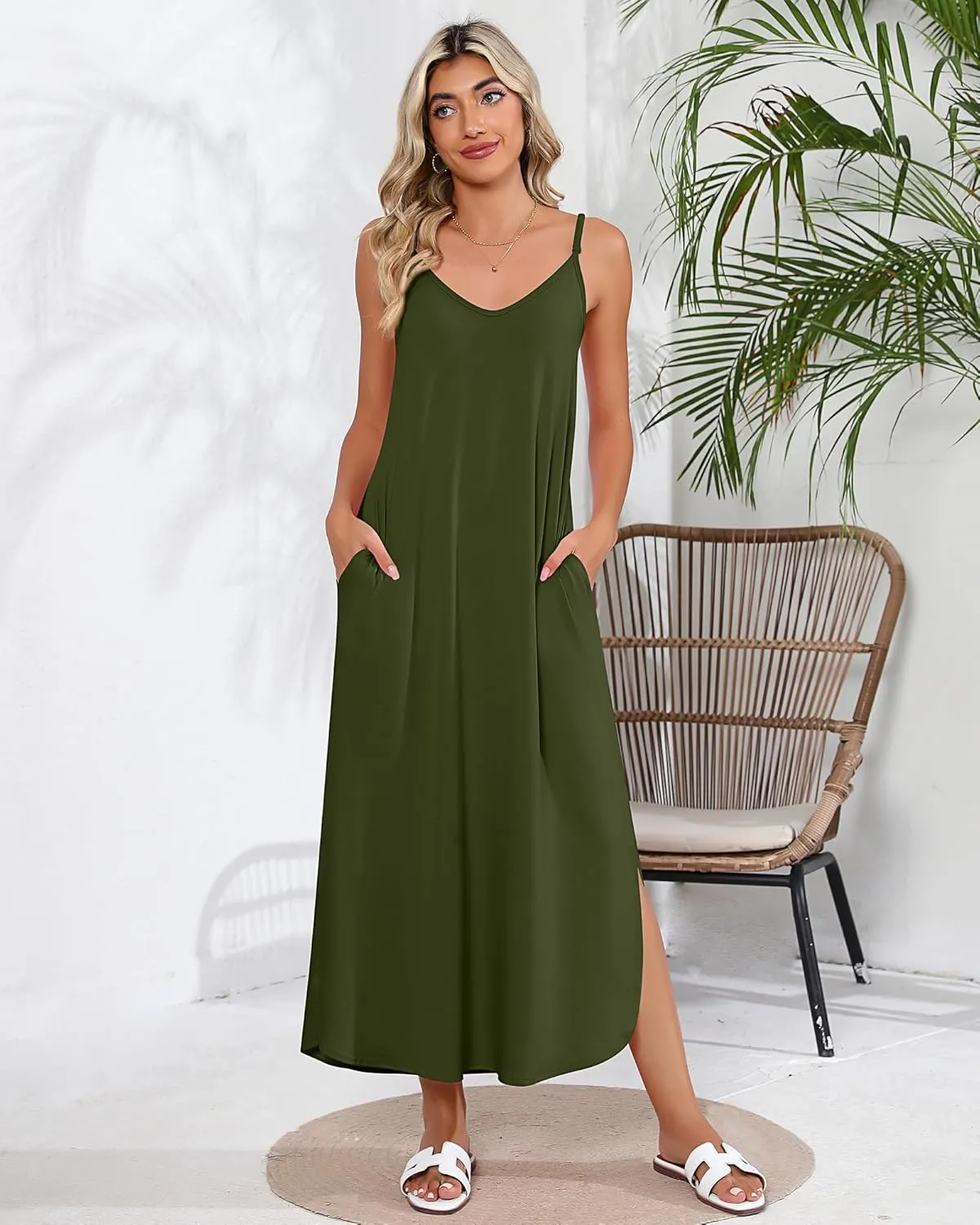 Huukeay 2 Pcs Women Casual Maxi Dresses V Neck Loose Slit Long Cami Dresses Summer Beach Cover Ups Sundress with Pockets