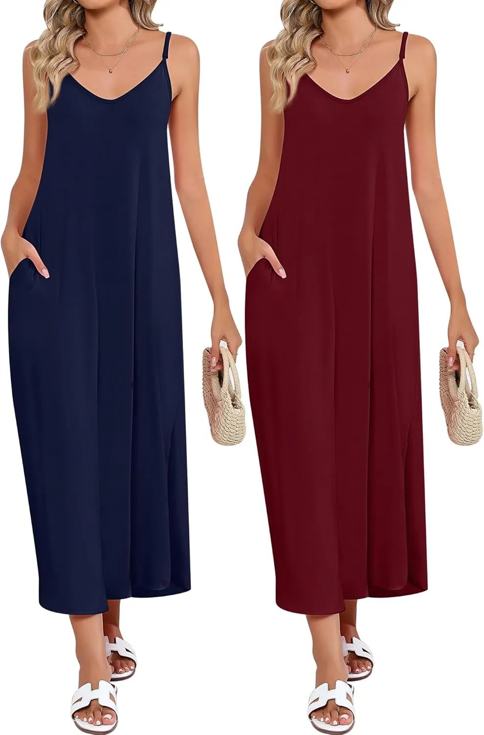 Huukeay 2 Pcs Women Casual Maxi Dresses V Neck Loose Slit Long Cami Dresses Summer Beach Cover Ups Sundress with Pockets