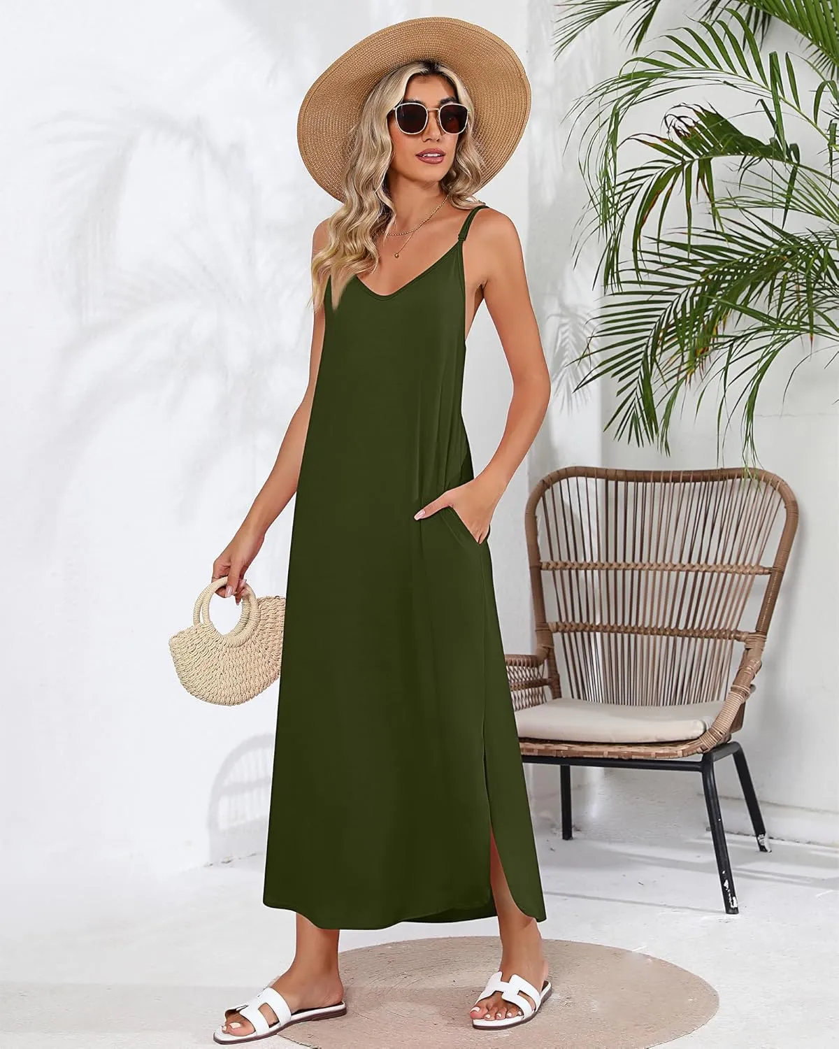 Huukeay 2 Pcs Women Casual Maxi Dresses V Neck Loose Slit Long Cami Dresses Summer Beach Cover Ups Sundress with Pockets