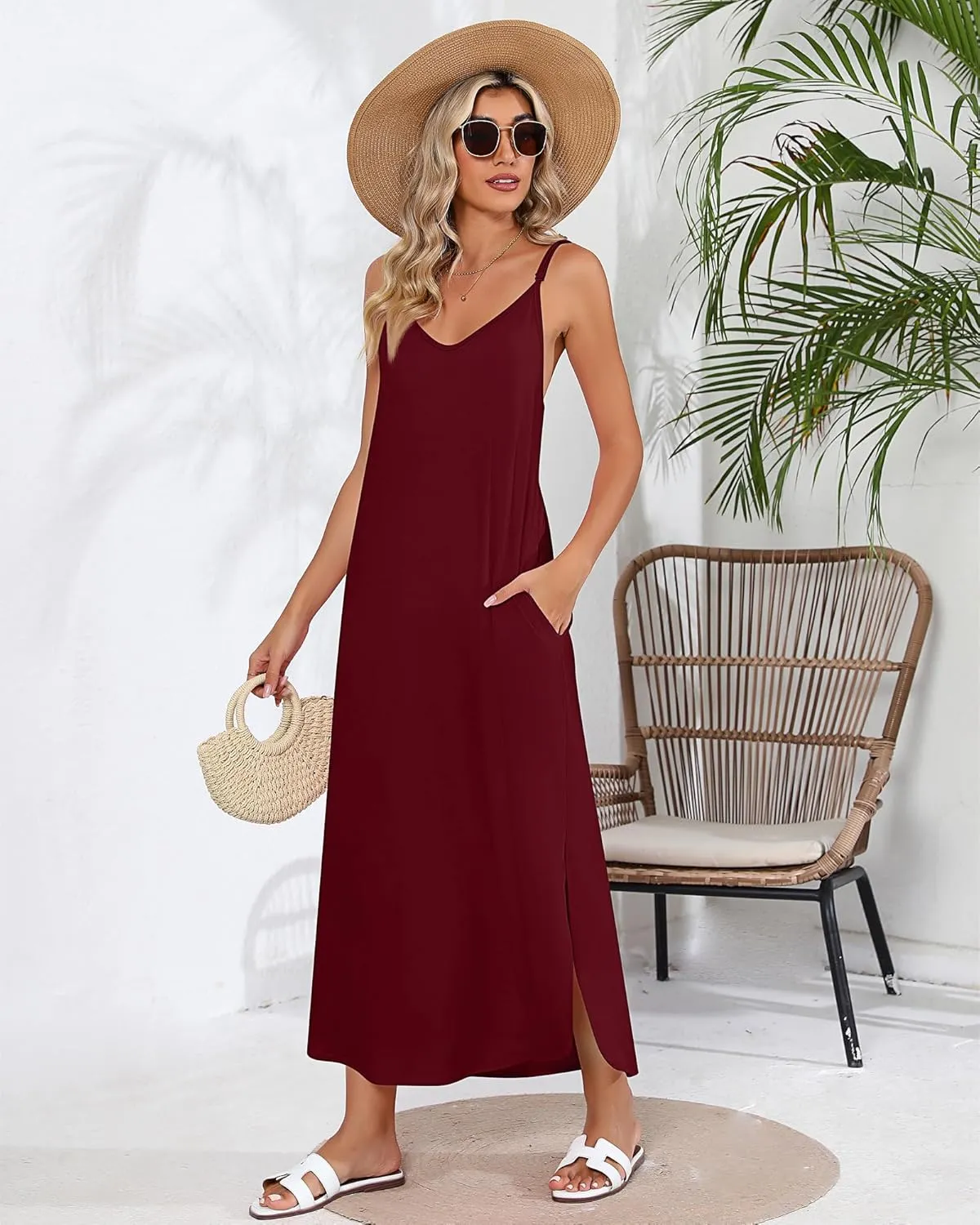 Huukeay 2 Pcs Women Casual Maxi Dresses V Neck Loose Slit Long Cami Dresses Summer Beach Cover Ups Sundress with Pockets