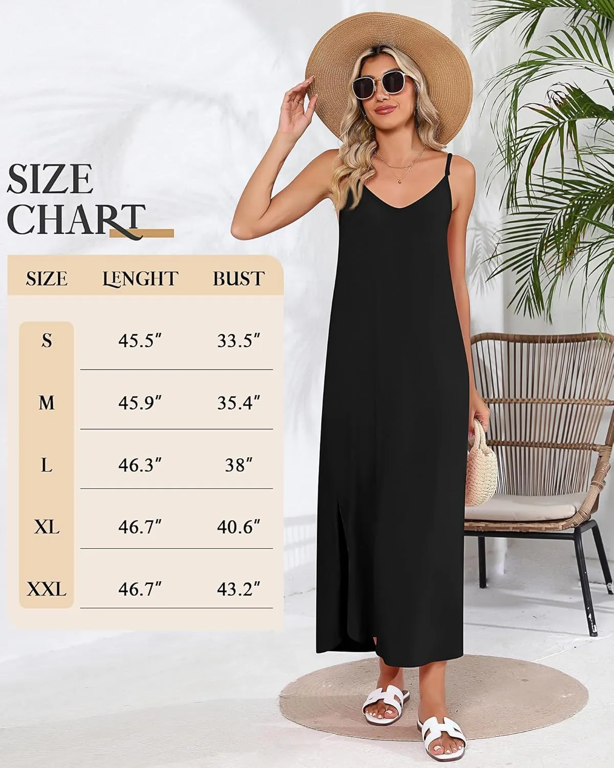 Huukeay 2 Pcs Women Casual Maxi Dresses V Neck Loose Slit Long Cami Dresses Summer Beach Cover Ups Sundress with Pockets