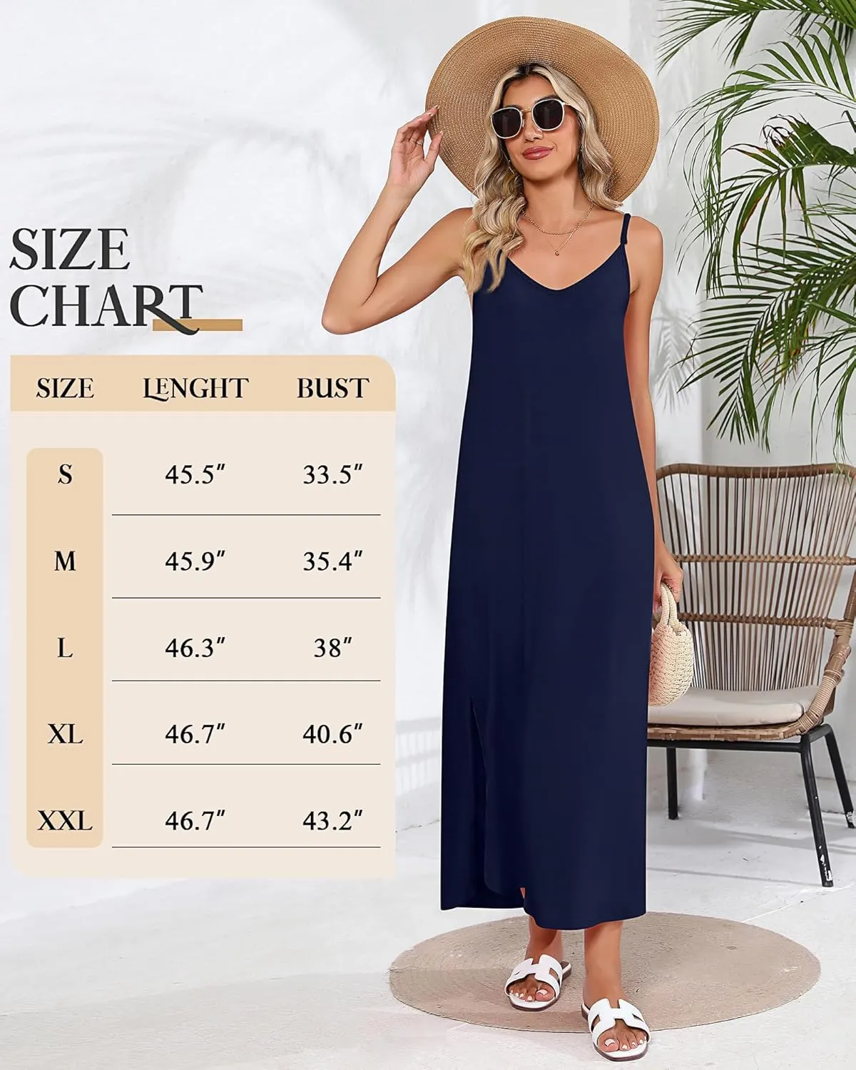 Huukeay 2 Pcs Women Casual Maxi Dresses V Neck Loose Slit Long Cami Dresses Summer Beach Cover Ups Sundress with Pockets