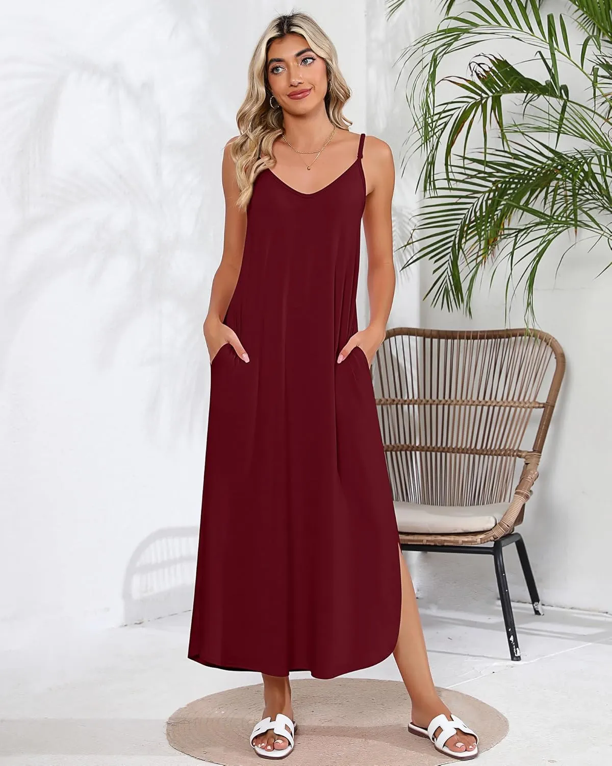 Huukeay 2 Pcs Women Casual Maxi Dresses V Neck Loose Slit Long Cami Dresses Summer Beach Cover Ups Sundress with Pockets