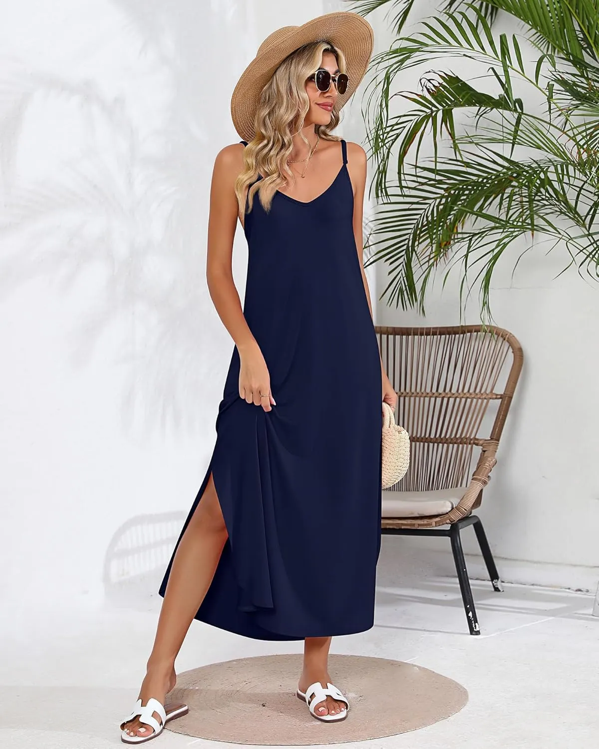 Huukeay 2 Pcs Women Casual Maxi Dresses V Neck Loose Slit Long Cami Dresses Summer Beach Cover Ups Sundress with Pockets