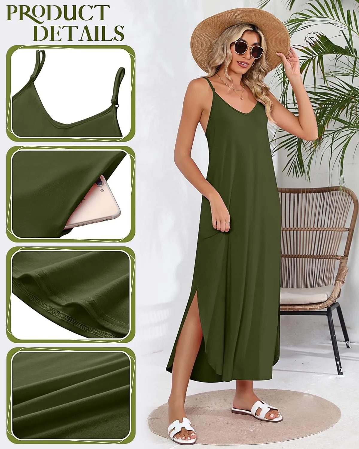 Huukeay 2 Pcs Women Casual Maxi Dresses V Neck Loose Slit Long Cami Dresses Summer Beach Cover Ups Sundress with Pockets