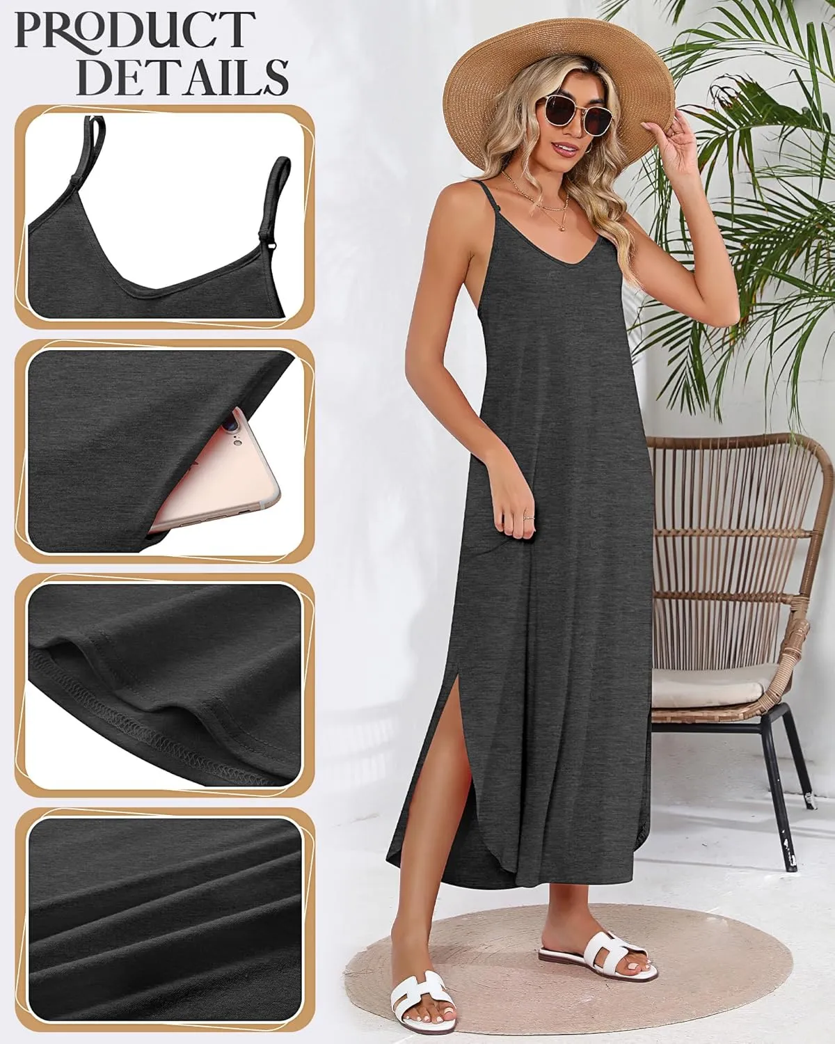 Huukeay 2 Pcs Women Casual Maxi Dresses V Neck Loose Slit Long Cami Dresses Summer Beach Cover Ups Sundress with Pockets