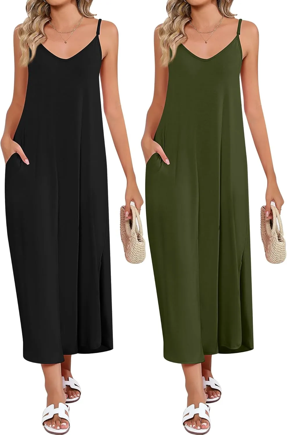 Huukeay 2 Pcs Women Casual Maxi Dresses V Neck Loose Slit Long Cami Dresses Summer Beach Cover Ups Sundress with Pockets