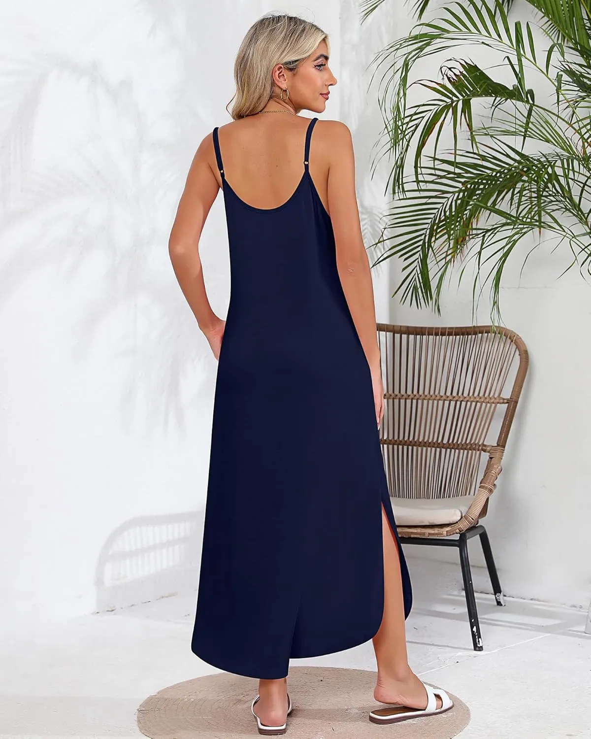 Huukeay 2 Pcs Women Casual Maxi Dresses V Neck Loose Slit Long Cami Dresses Summer Beach Cover Ups Sundress with Pockets