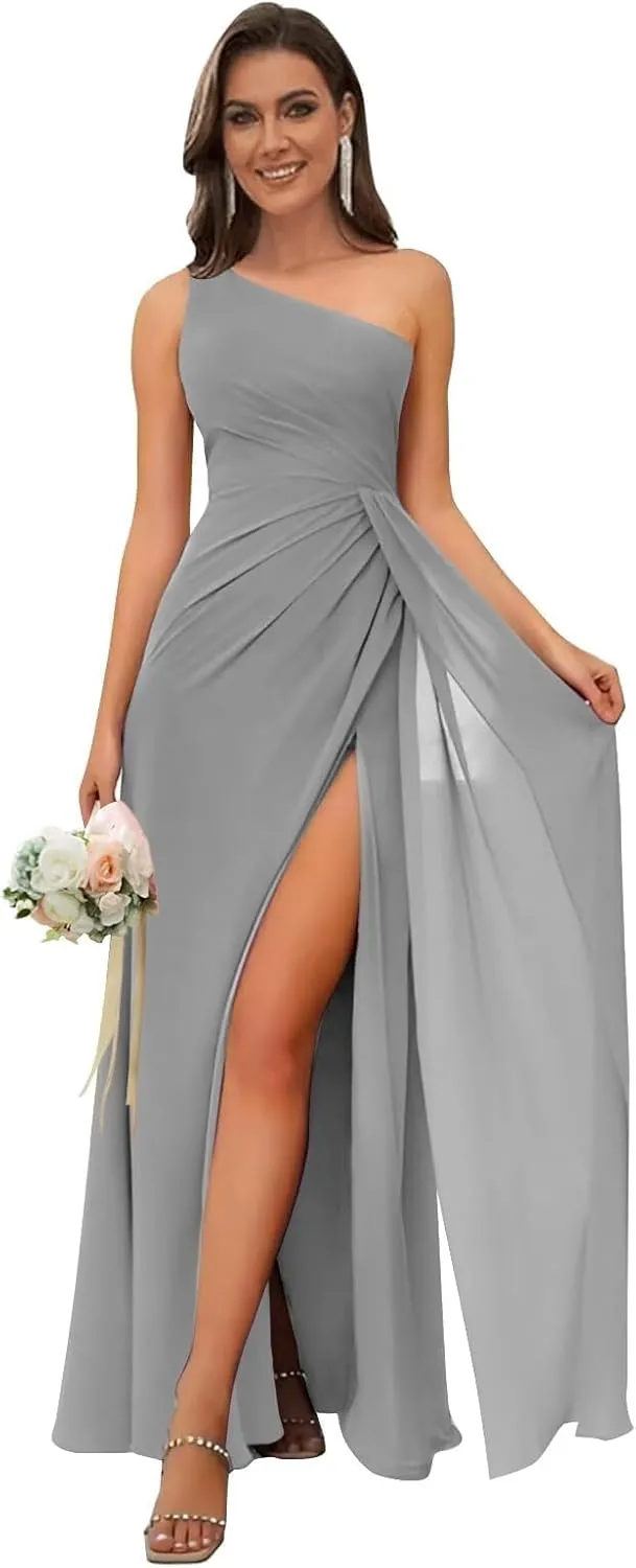 IIF One Shoulder Bridesmaid Dresses for Wedding Ruched Chiffon Long Prom Formal Gown with Slit IIF085