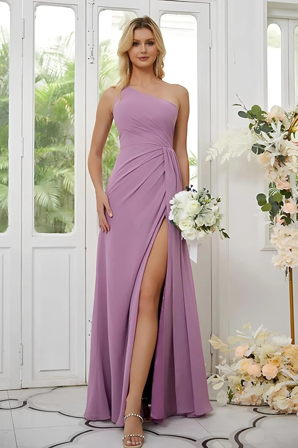 IIF One Shoulder Bridesmaid Dresses for Wedding Ruched Chiffon Long Prom Formal Gown with Slit IIF085