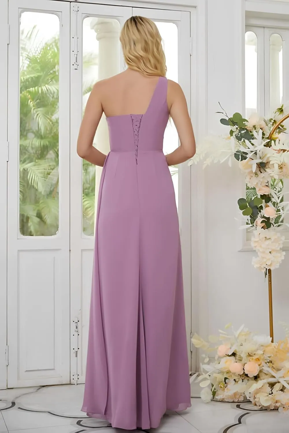 IIF One Shoulder Bridesmaid Dresses for Wedding Ruched Chiffon Long Prom Formal Gown with Slit IIF085