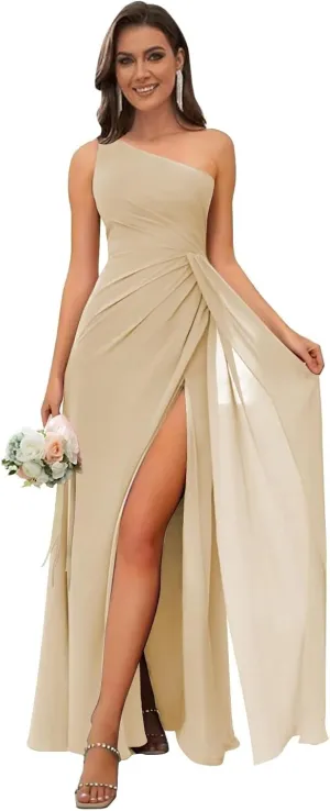 IIF One Shoulder Bridesmaid Dresses for Wedding Ruched Chiffon Long Prom Formal Gown with Slit IIF085