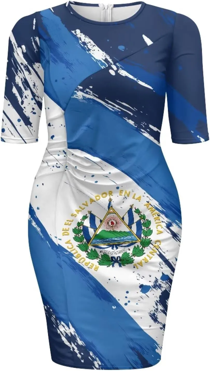 Jamaican Flag Printed Women 3/4 Sleeve Pencil Midi Knee Length Bodycon Cocktail Dresses Office Work Dresses