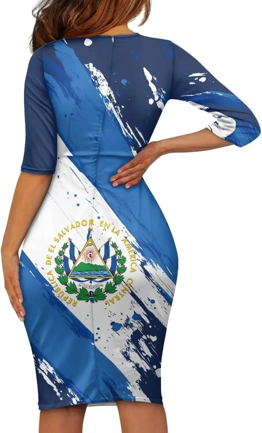 Jamaican Flag Printed Women 3/4 Sleeve Pencil Midi Knee Length Bodycon Cocktail Dresses Office Work Dresses