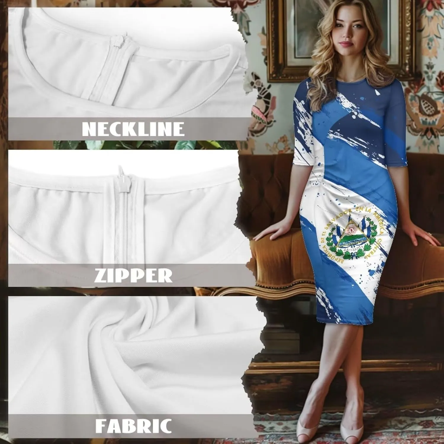 Jamaican Flag Printed Women 3/4 Sleeve Pencil Midi Knee Length Bodycon Cocktail Dresses Office Work Dresses