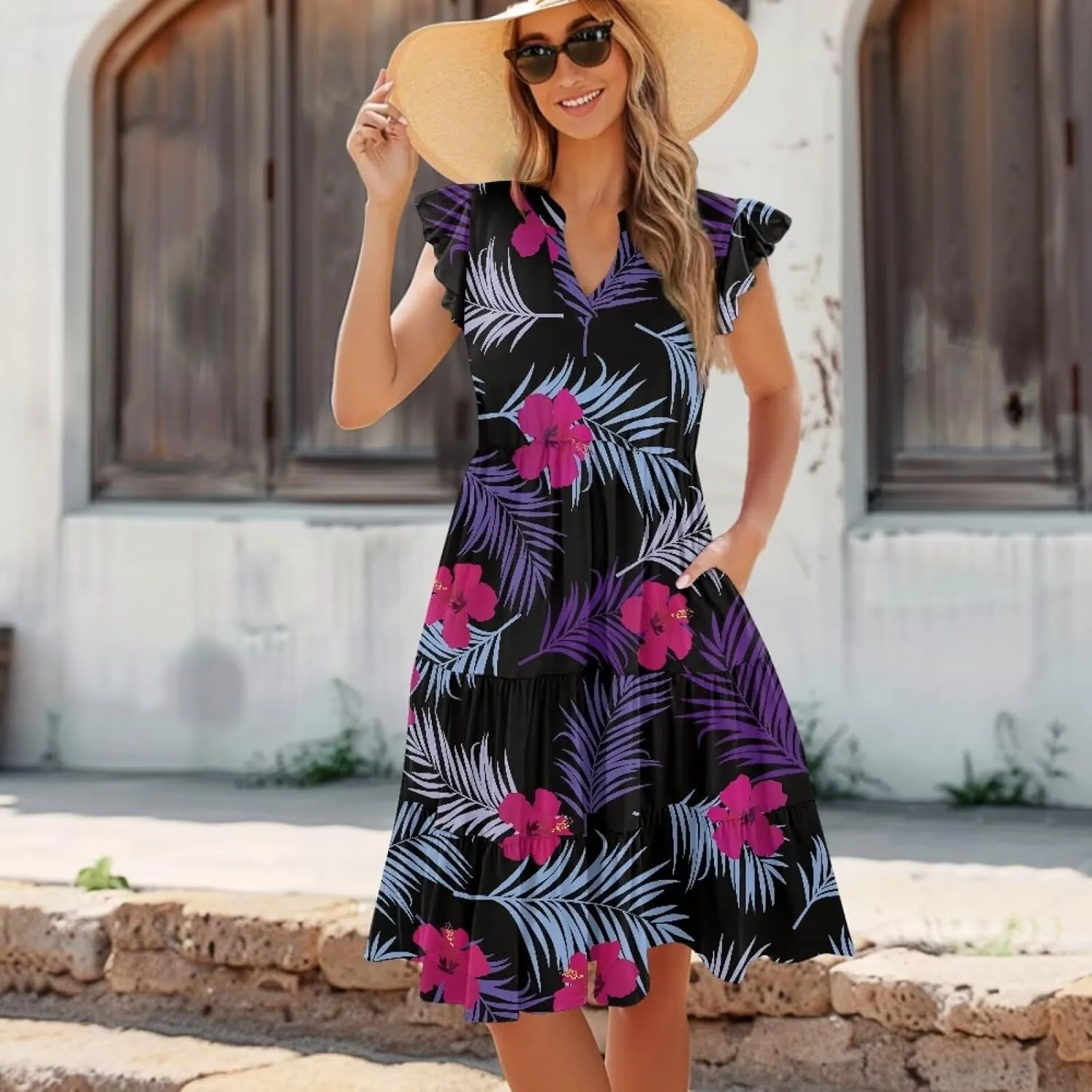 Jndtueit Floral Womens Plus Size Summer Dresses Ruffle Sleeve Tiered Swing Midi Dress V Neck Beach Flowy Dresses with Pockets