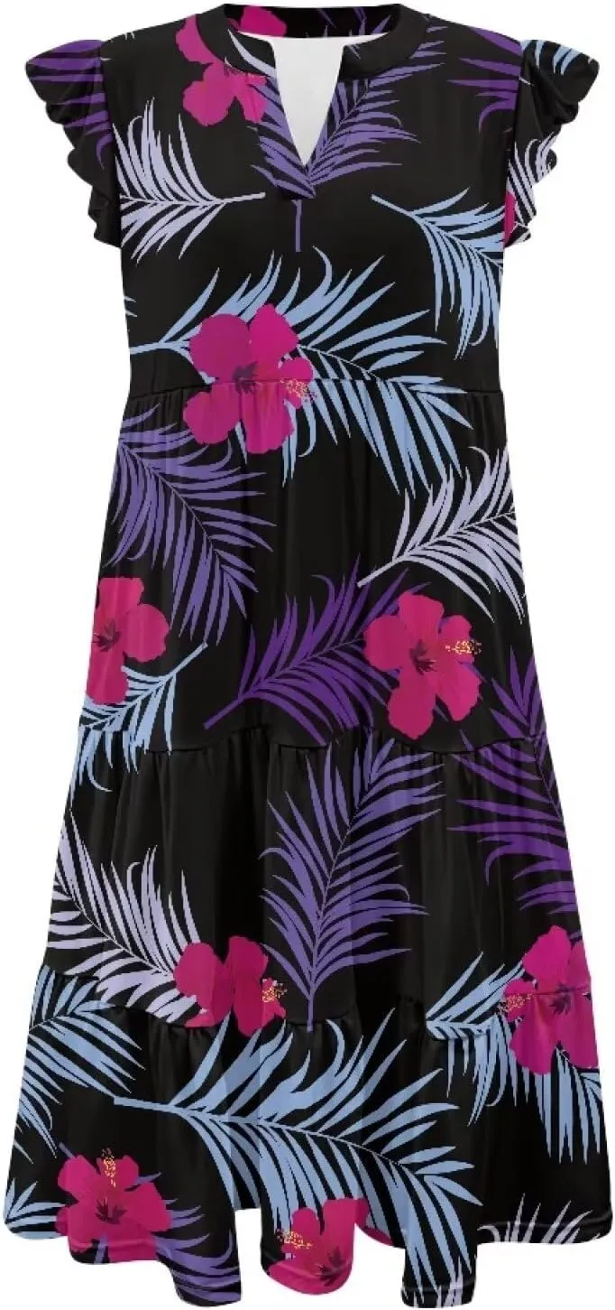 Jndtueit Floral Womens Plus Size Summer Dresses Ruffle Sleeve Tiered Swing Midi Dress V Neck Beach Flowy Dresses with Pockets