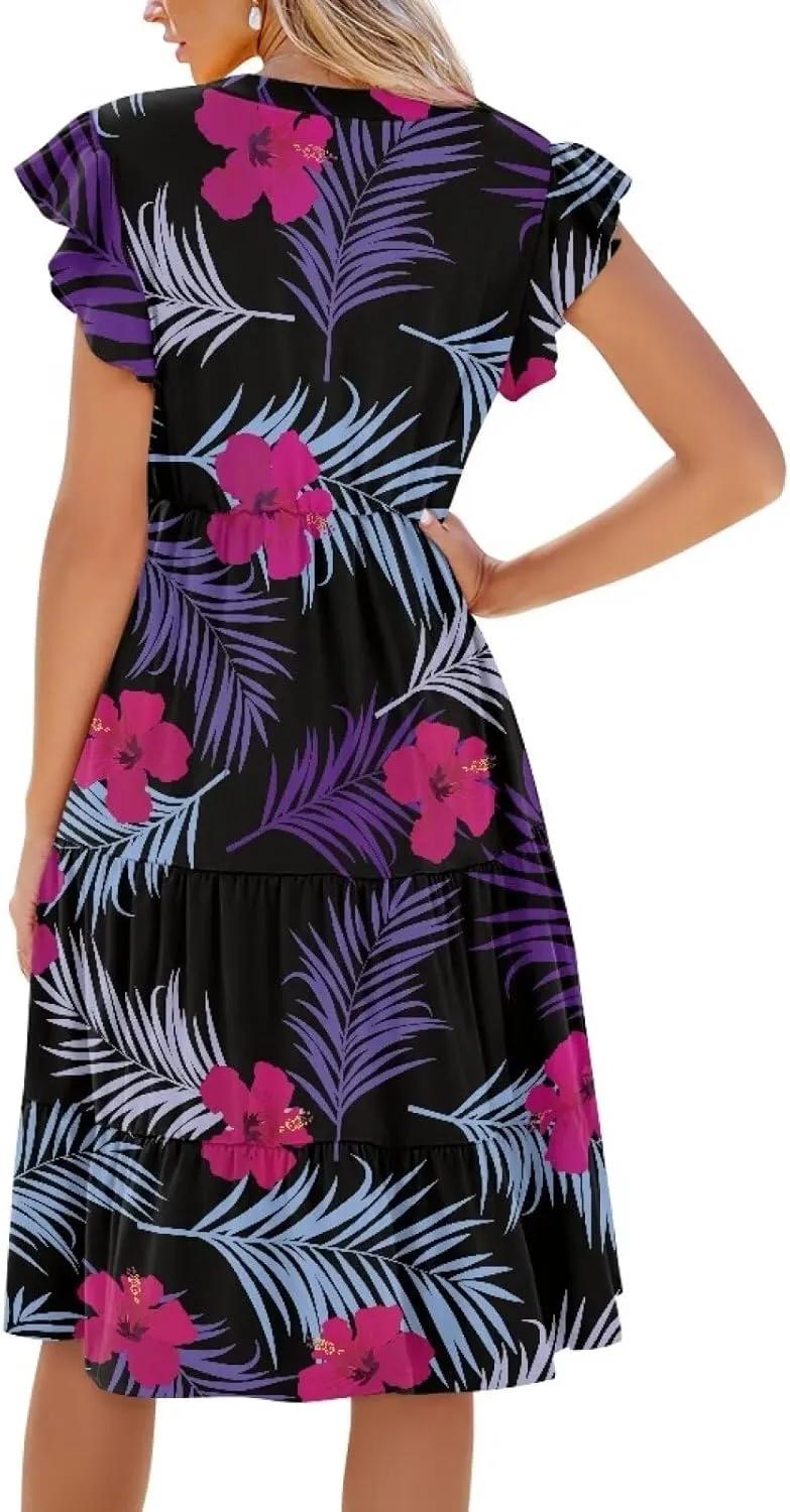 Jndtueit Floral Womens Plus Size Summer Dresses Ruffle Sleeve Tiered Swing Midi Dress V Neck Beach Flowy Dresses with Pockets