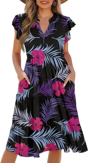 Jndtueit Floral Womens Plus Size Summer Dresses Ruffle Sleeve Tiered Swing Midi Dress V Neck Beach Flowy Dresses with Pockets