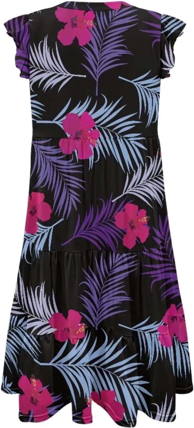 Jndtueit Floral Womens Plus Size Summer Dresses Ruffle Sleeve Tiered Swing Midi Dress V Neck Beach Flowy Dresses with Pockets
