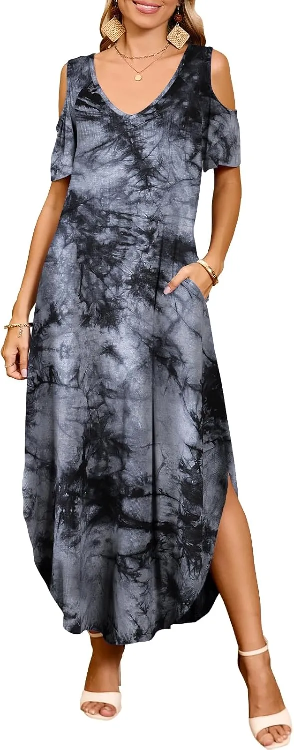 JollieLovin Womens Plus Size Casual Summer Maxi Long Dress Cold Shoulder V Neck Beach Sundresses