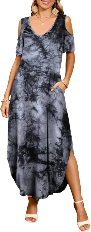 JollieLovin Womens Plus Size Casual Summer Maxi Long Dress Cold Shoulder V Neck Beach Sundresses