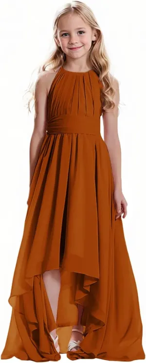 Junior Girls Bridesmaid Dress Chiffon Halter High Low Dress Wedding Formal Party Special Occasion Dresses