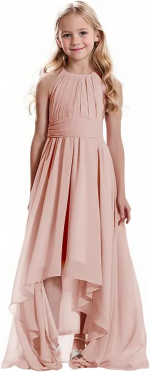 Junior Girls Bridesmaid Dress Chiffon Halter High Low Dress Wedding Formal Party Special Occasion Dresses