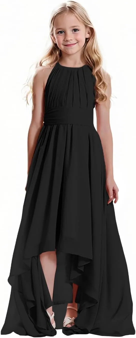 Junior Girls Bridesmaid Dress Chiffon Halter High Low Dress Wedding Formal Party Special Occasion Dresses