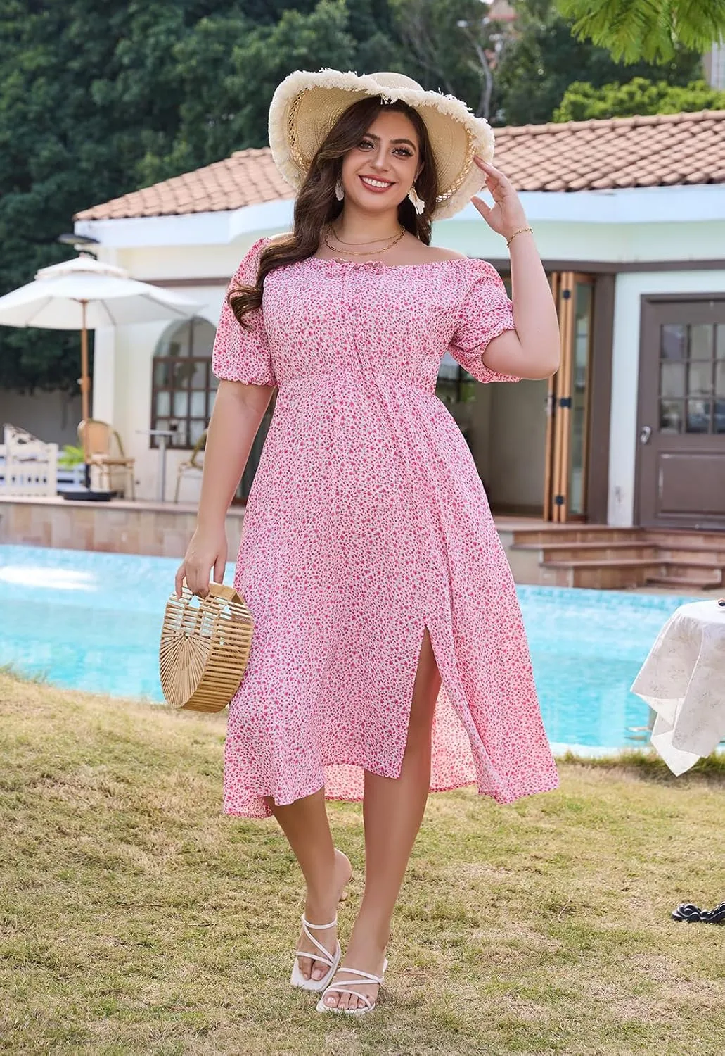 Keluummi Plus Size Wedding Guest Midi Dresses for Curvy Women, Summer Floral Casual Smocked Dress