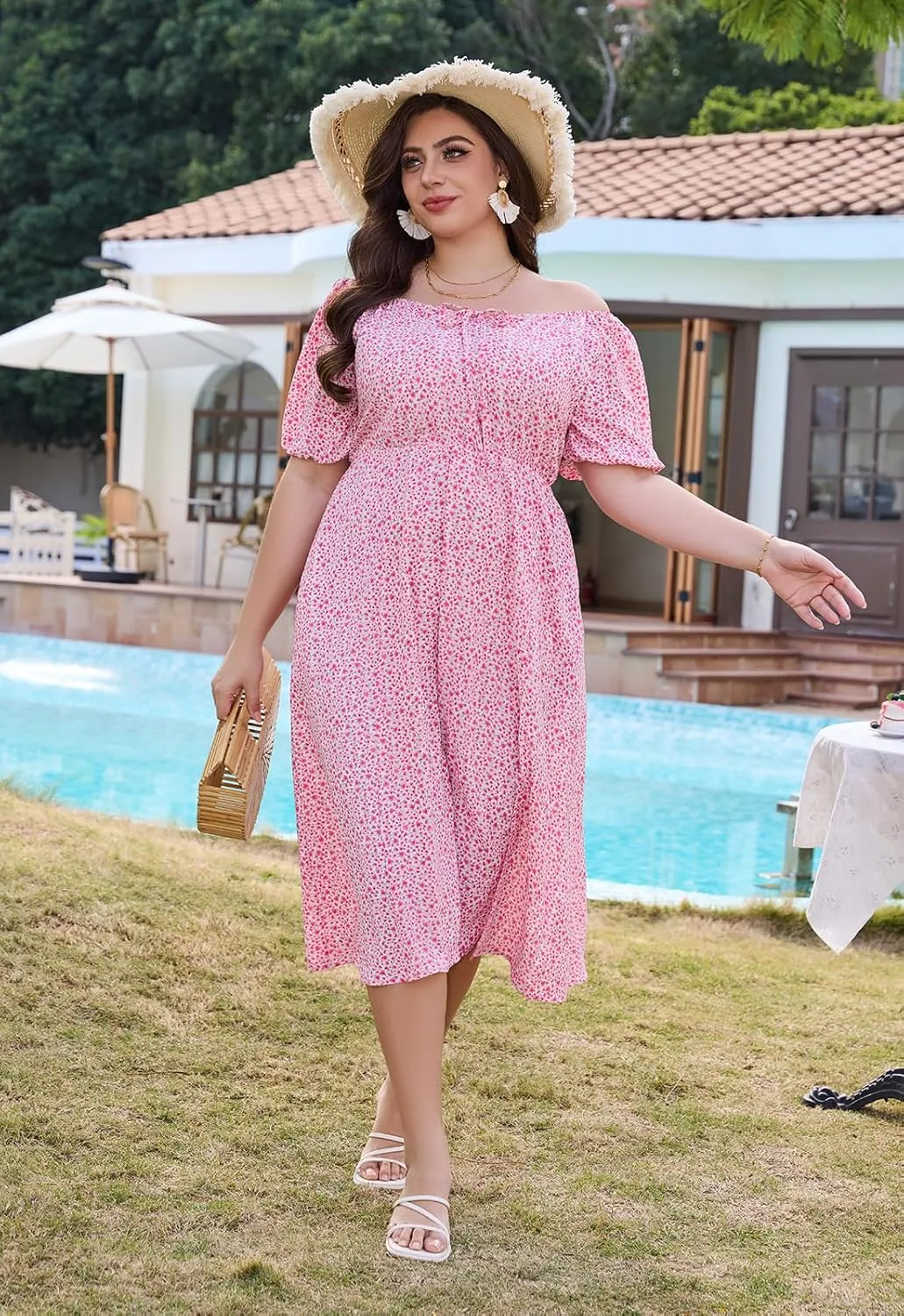 Keluummi Plus Size Wedding Guest Midi Dresses for Curvy Women, Summer Floral Casual Smocked Dress