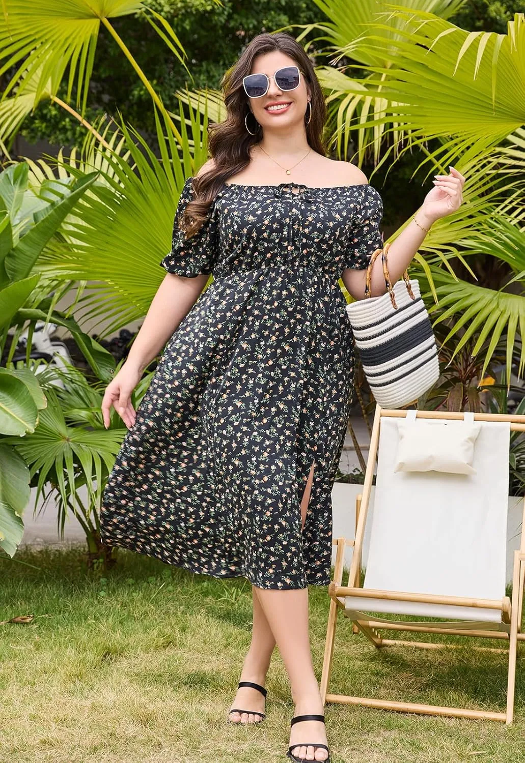 Keluummi Plus Size Wedding Guest Midi Dresses for Curvy Women, Summer Floral Casual Smocked Dress
