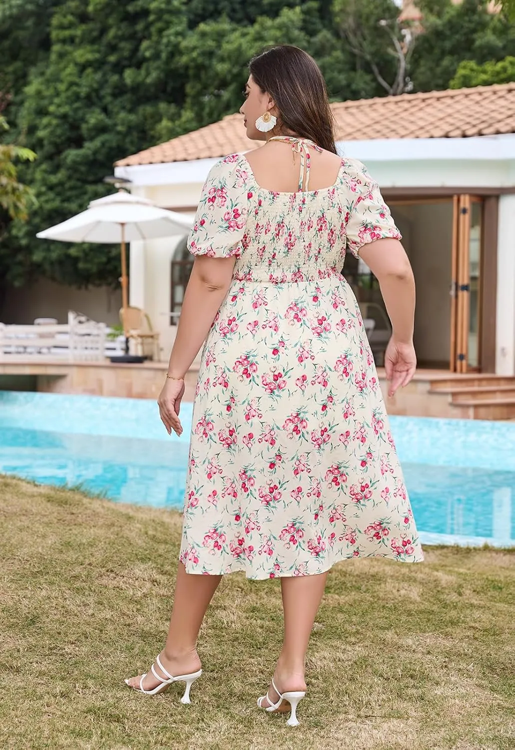 Keluummi Plus Size Wedding Guest Midi Dresses for Curvy Women, Summer Floral Casual Smocked Dress