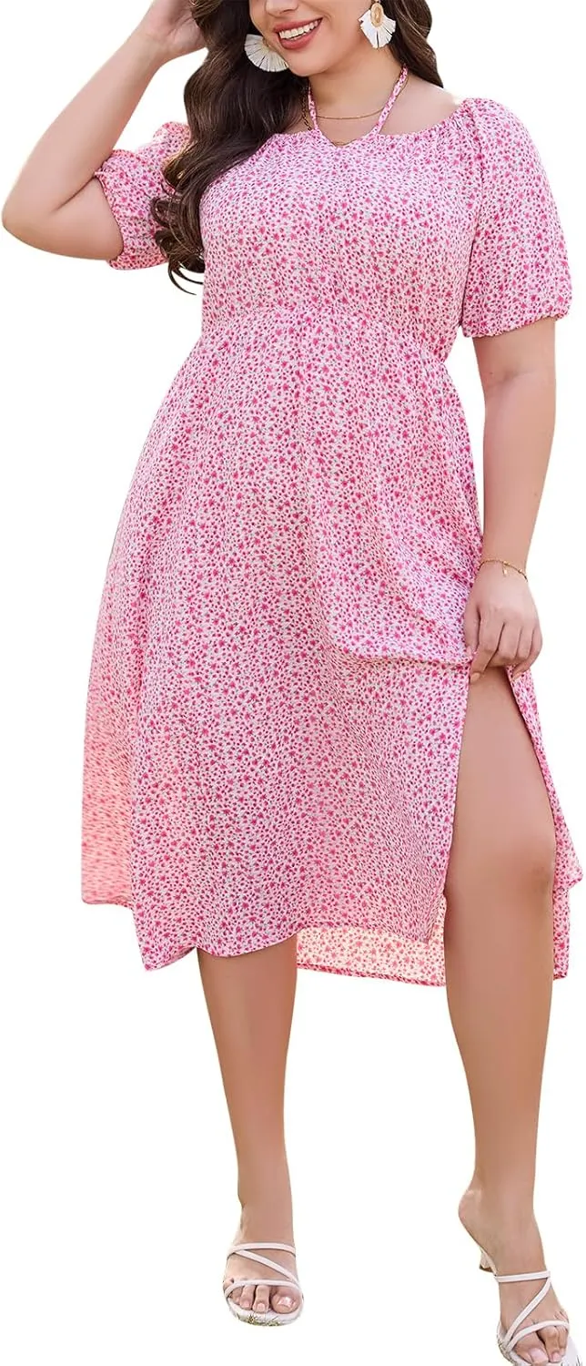 Keluummi Plus Size Wedding Guest Midi Dresses for Curvy Women, Summer Floral Casual Smocked Dress