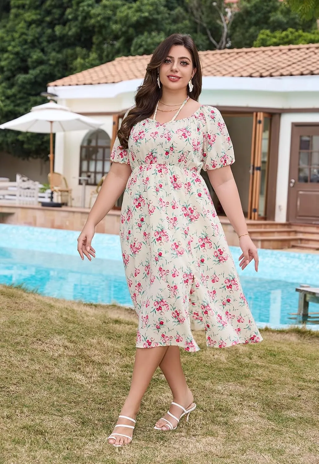 Keluummi Plus Size Wedding Guest Midi Dresses for Curvy Women, Summer Floral Casual Smocked Dress