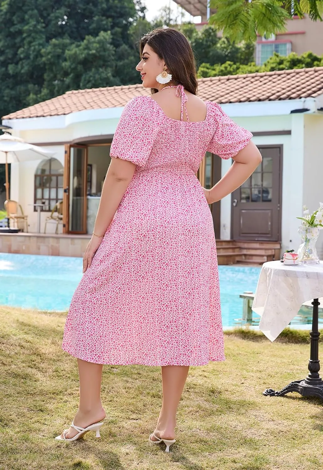 Keluummi Plus Size Wedding Guest Midi Dresses for Curvy Women, Summer Floral Casual Smocked Dress