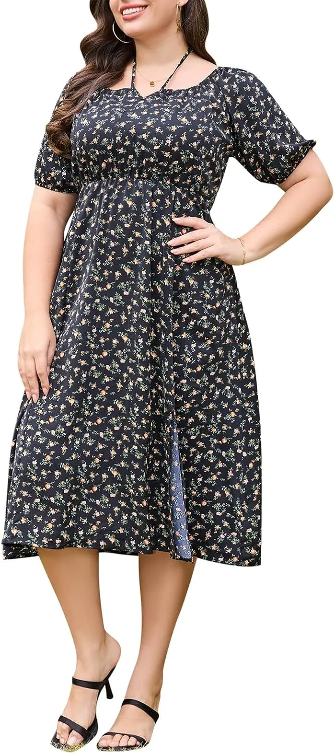 Keluummi Plus Size Wedding Guest Midi Dresses for Curvy Women, Summer Floral Casual Smocked Dress