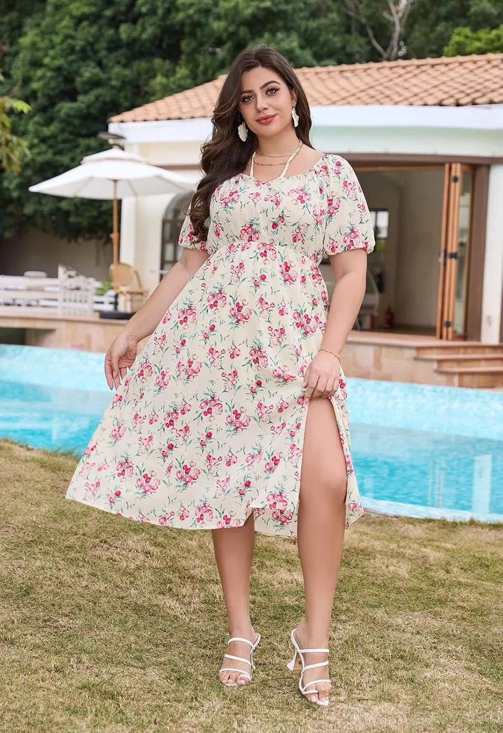 Keluummi Plus Size Wedding Guest Midi Dresses for Curvy Women, Summer Floral Casual Smocked Dress