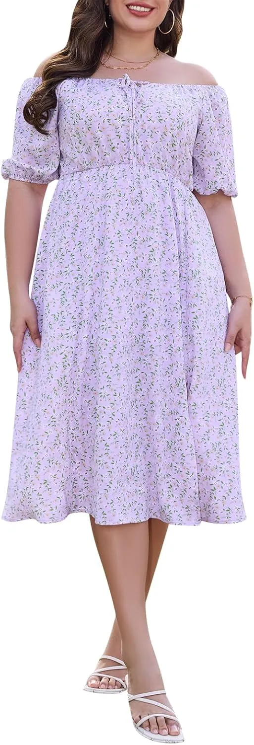 Keluummi Plus Size Wedding Guest Midi Dresses for Curvy Women, Summer Floral Casual Smocked Dress
