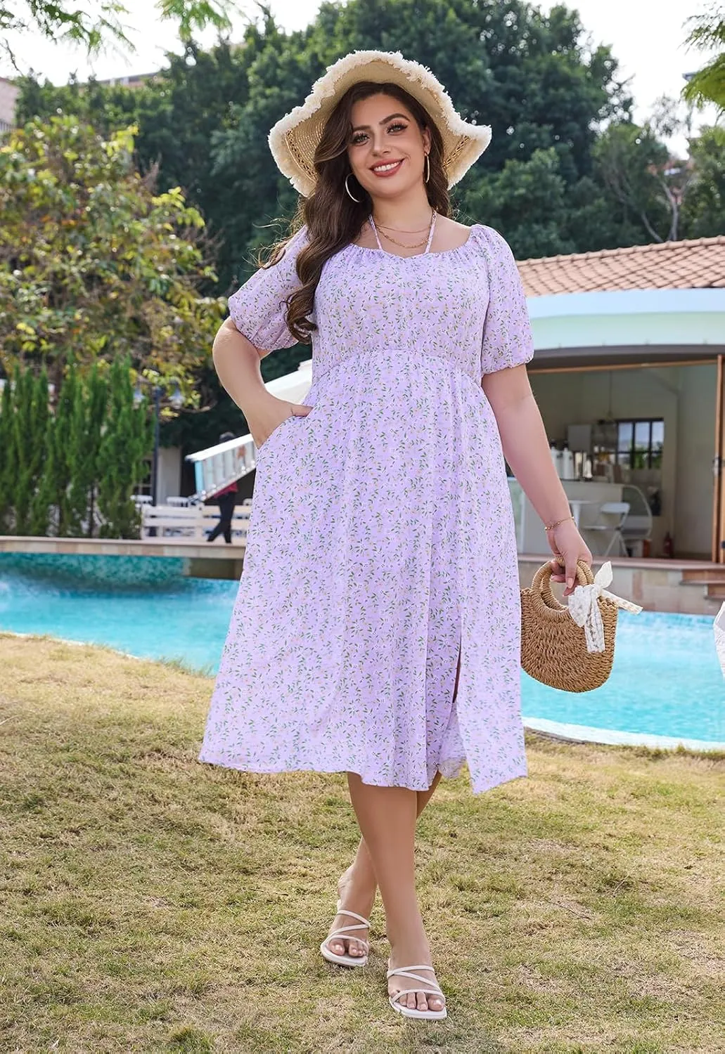Keluummi Plus Size Wedding Guest Midi Dresses for Curvy Women, Summer Floral Casual Smocked Dress