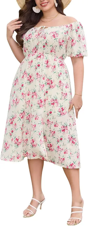 Keluummi Plus Size Wedding Guest Midi Dresses for Curvy Women, Summer Floral Casual Smocked Dress