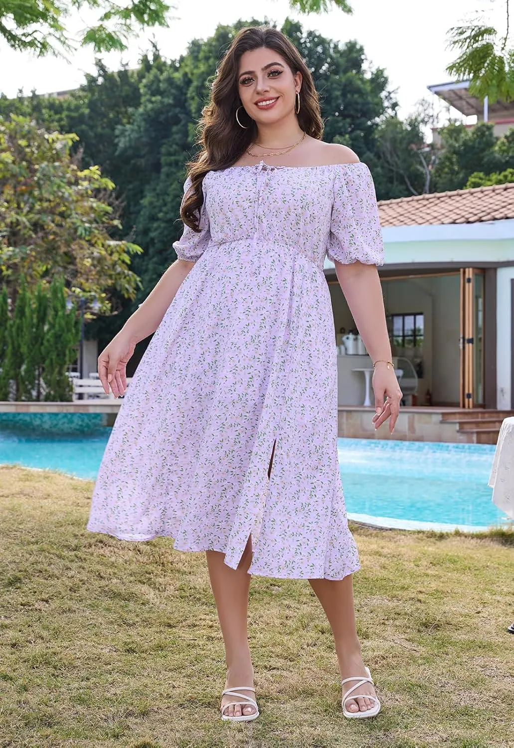 Keluummi Plus Size Wedding Guest Midi Dresses for Curvy Women, Summer Floral Casual Smocked Dress