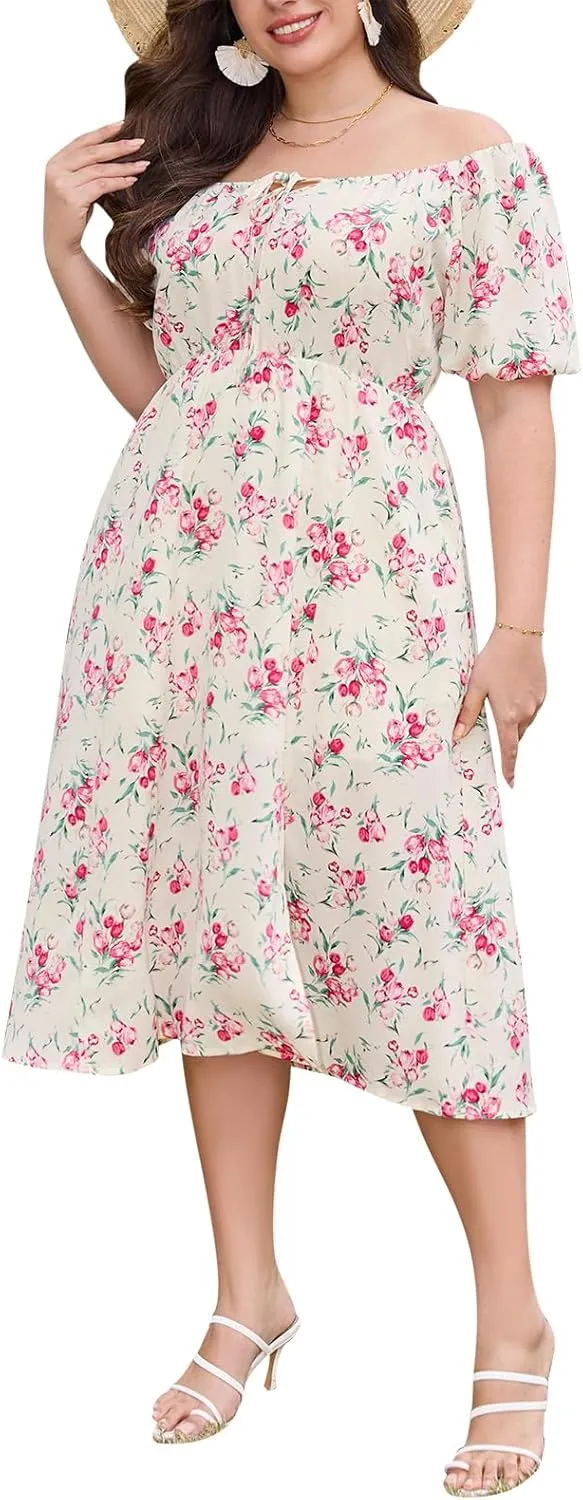Keluummi Plus Size Wedding Guest Midi Dresses for Curvy Women, Summer Floral Casual Smocked Dress