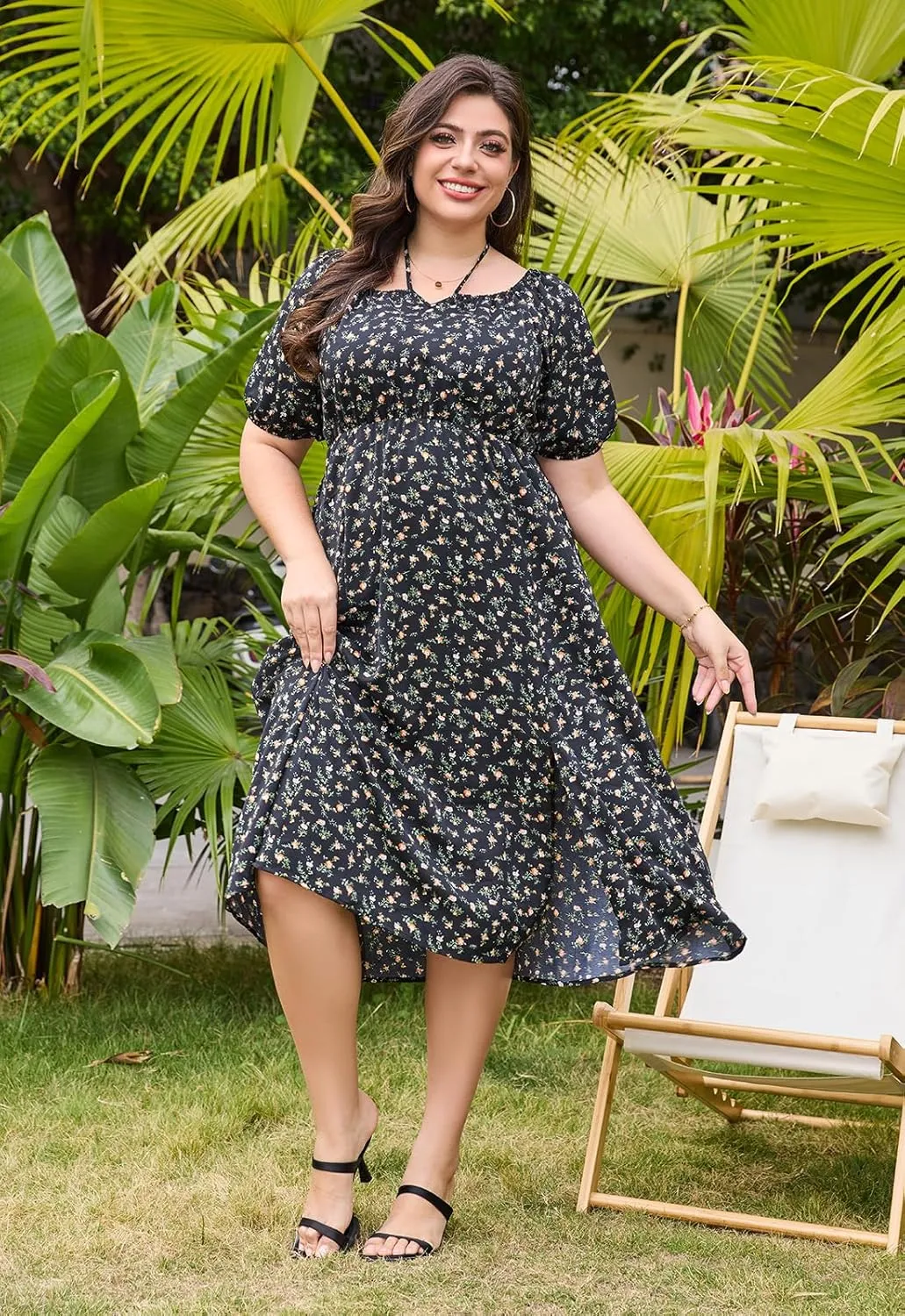 Keluummi Plus Size Wedding Guest Midi Dresses for Curvy Women, Summer Floral Casual Smocked Dress