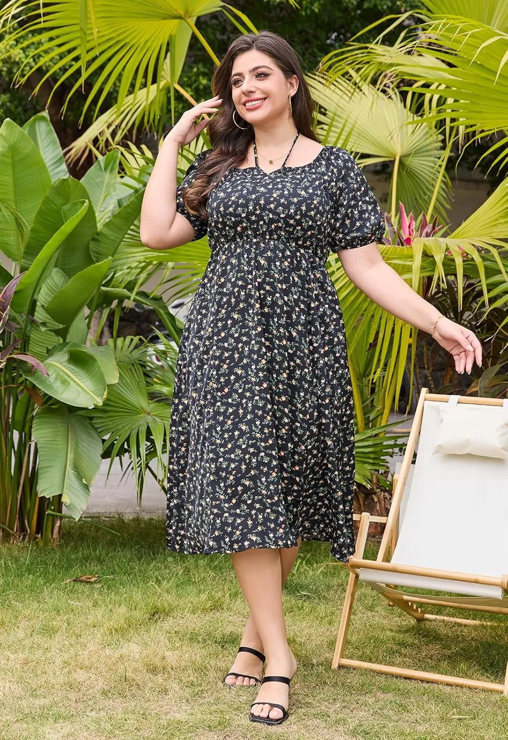 Keluummi Plus Size Wedding Guest Midi Dresses for Curvy Women, Summer Floral Casual Smocked Dress