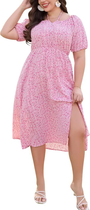 Keluummi Plus Size Wedding Guest Midi Dresses for Curvy Women, Summer Floral Casual Smocked Dress