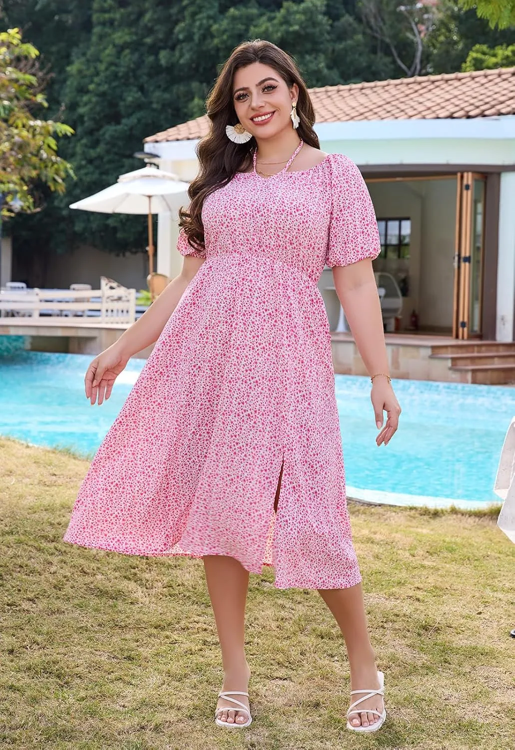 Keluummi Plus Size Wedding Guest Midi Dresses for Curvy Women, Summer Floral Casual Smocked Dress